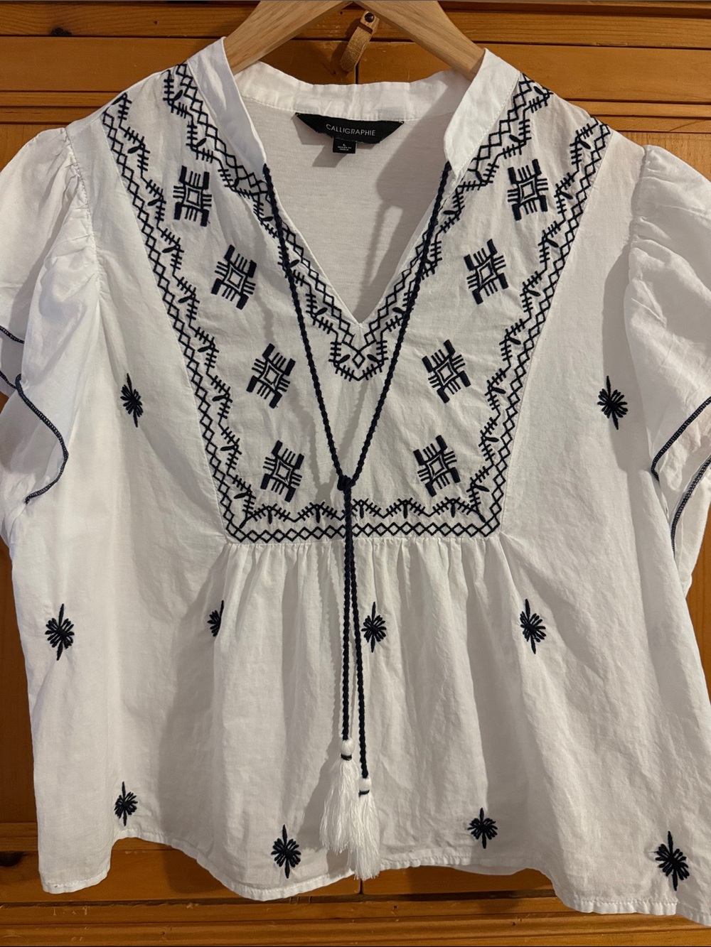 100% Cotton Embroidered Flutter Sleeve Peasant Blouse, Large, Dark Blue on White